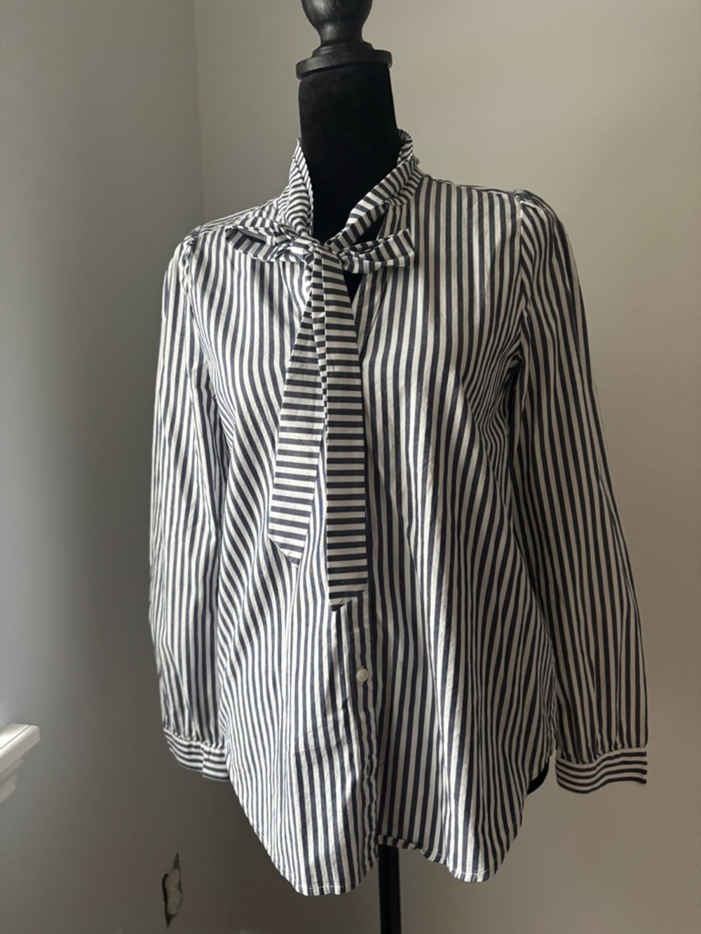 J. Crew Navy and White Striped Blouse with Tie Detail